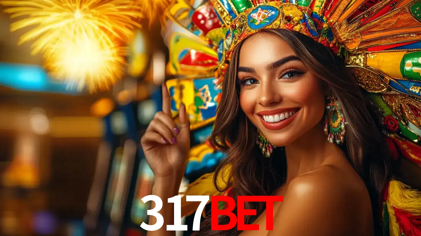 Mulher sorridente com um cocar de carnaval vibrante e colorido, celebrando uma grande vitória nos jogos do cassino 317bet com fogos de artifício ao fundo.