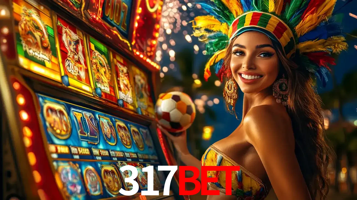 Mulher com um cocar de carnaval ao lado de uma máquina de caça-níqueis enquanto segura uma bola de futebol, mostrando a união da diversão de cassino e esportes no 317bet.