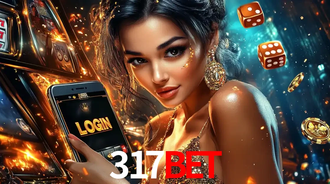 Mulher glamourosa segurando um celular com a tela de login do cassino 317bet, rodeada por dados e moedas douradas, pronta para começar a diversão.