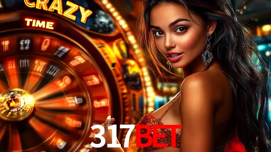 Mulher ao lado da roda de prêmios do jogo de cassino ao vivo Crazy Time, um dos shows de jogos mais emocionantes oferecidos pela plataforma de apostas 317bet.