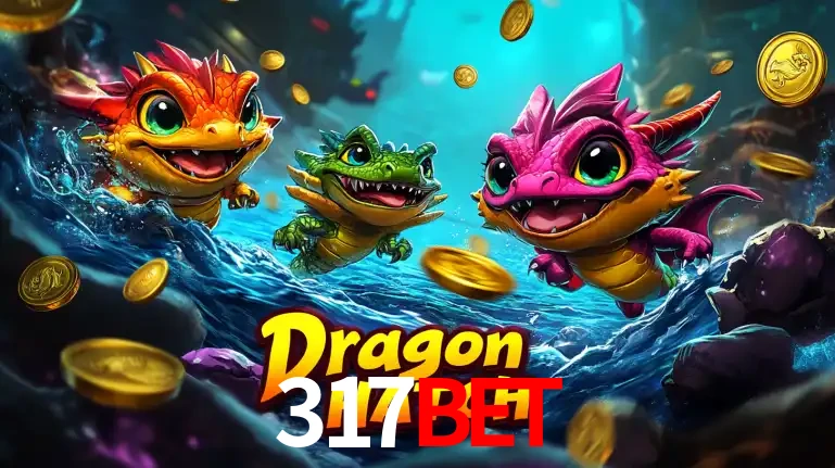 Arte promocional do jogo Dragon Hatch com três adoráveis dragões bebês nadando entre moedas de ouro, um dos slots mais divertidos para jogar no cassino 317bet.