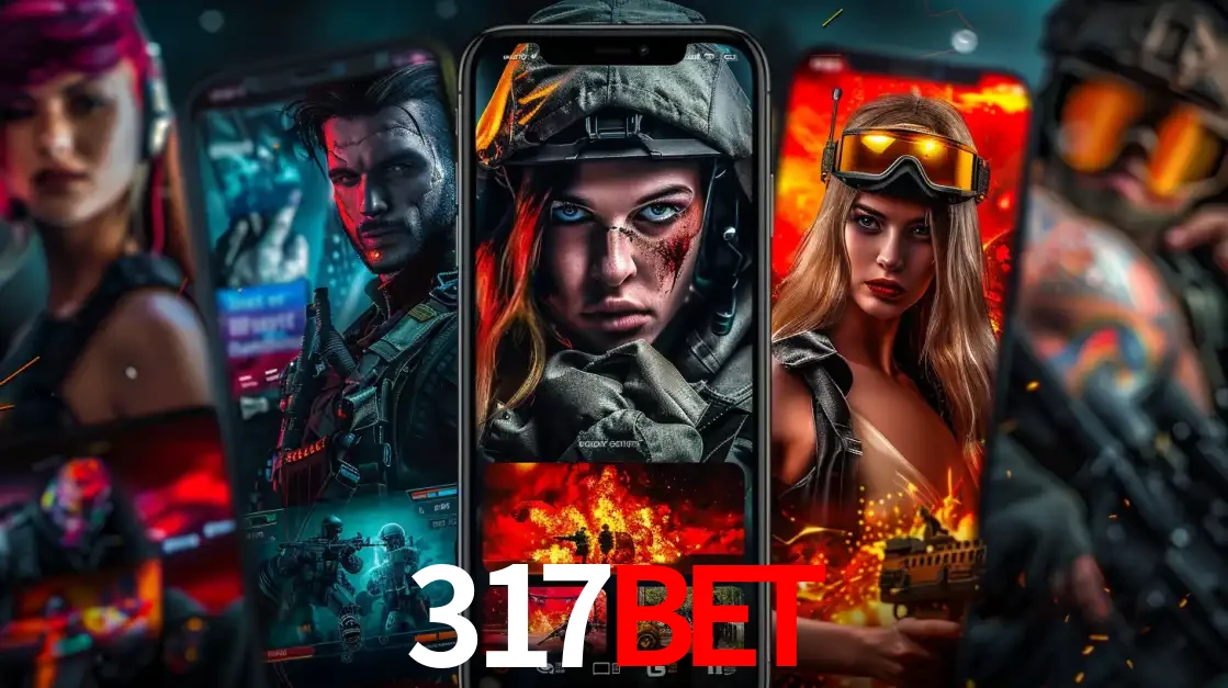 Montagem de telas de celular mostrando diversos personagens, masculinos e femininos, de um jogo de tiro, ilustrando a diversidade de equipes de e-sports para apostar no 317bet.