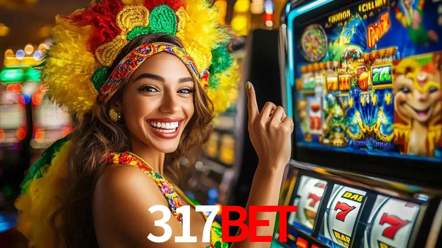Mulher animada com um cocar de carnaval apontando para uma máquina de caça-níqueis, mostrando a emoção de ganhar um grande prêmio nos jogos do 317bet.