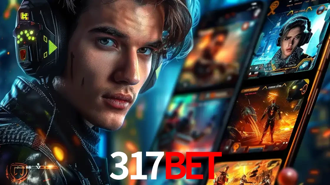 Jovem jogador com fones de ouvido olhando para a câmera, com um aplicativo de jogos e e-sports para celular ao fundo, pronto para a competição e apostas no 317bet.