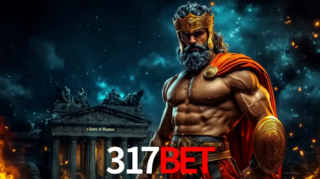 O poderoso Zeus do jogo de slot Gates of Olympus em frente ao seu templo, pronto para lançar multiplicadores divinos e prêmios épicos no cassino online 317bet.