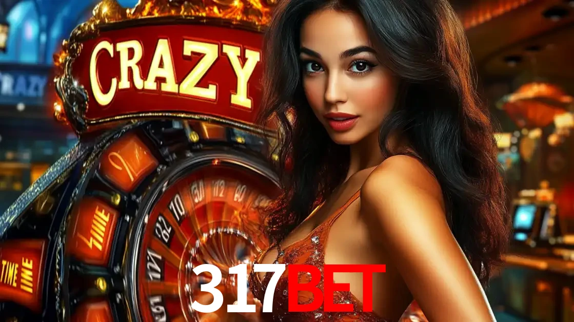 Mulher glamourosa olhando para a câmera com a roda vermelha do Crazy Time ao fundo em um ambiente de cassino, destacando a emoção dos jogos ao vivo no 317bet.