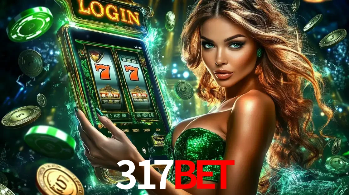 Mulher com tema verde apresentando o aplicativo do cassino 317bet com um jogo de slot de 777, cercada por fichas de cassino e uma aura de sorte.