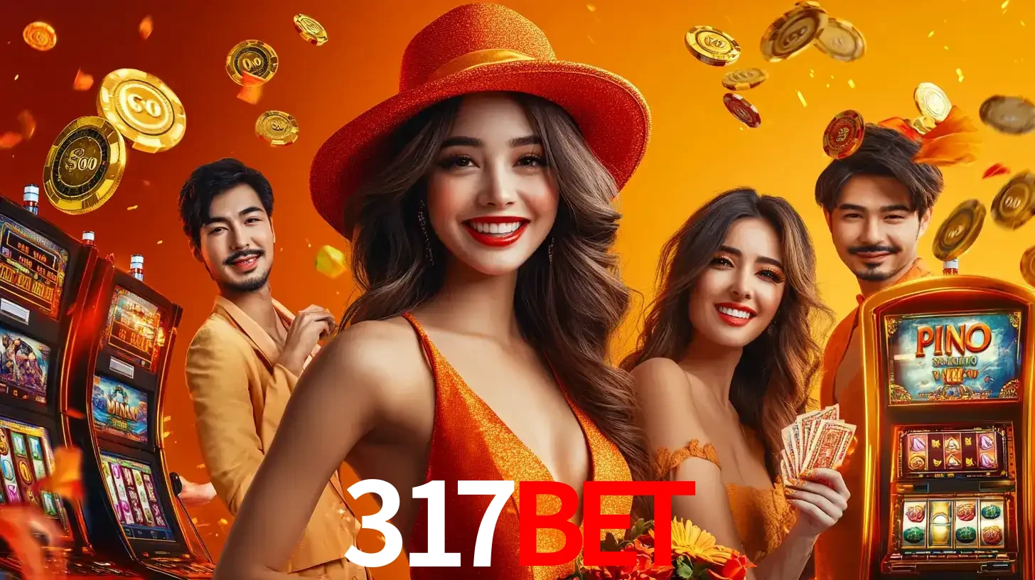 Grupo de amigos asiáticos sorrindo e se divertindo com máquinas de caça-níqueis em um ambiente festivo, celebrando suas vitórias nos jogos de cassino do 317bet.