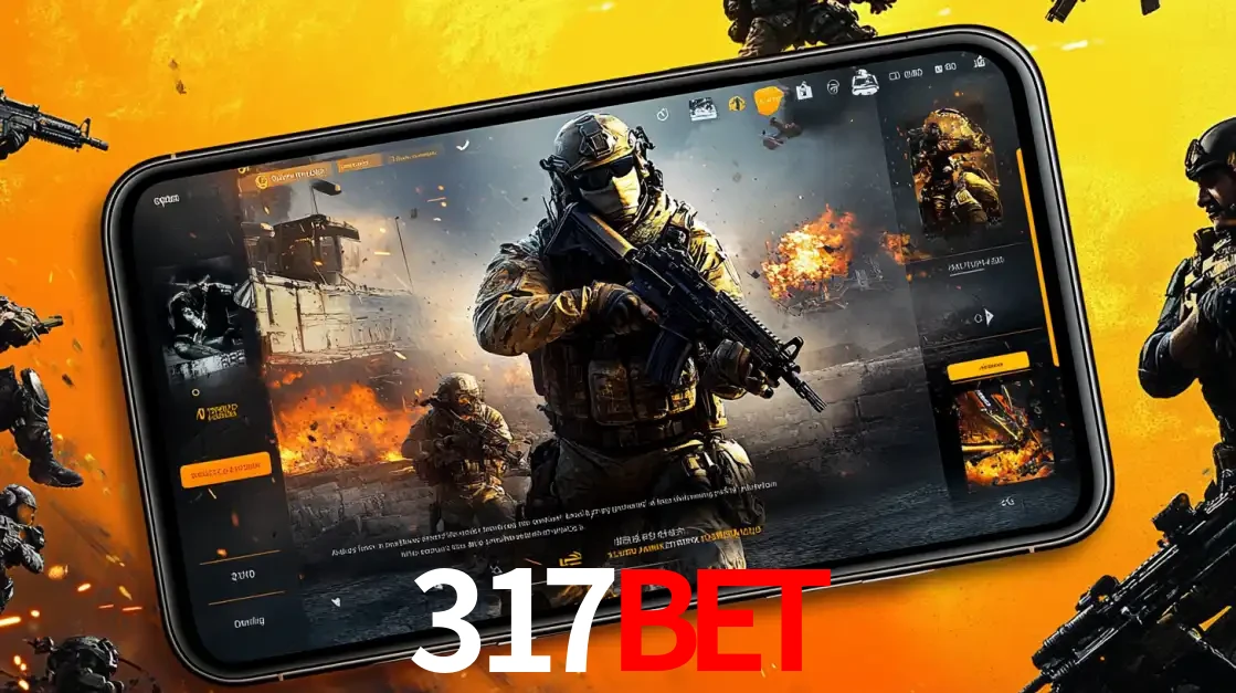 Um smartphone exibindo a interface de um jogo de tiro em primeira pessoa, com um soldado em um cenário de batalha, representando a ação dos e-sports para apostar no 317bet.
