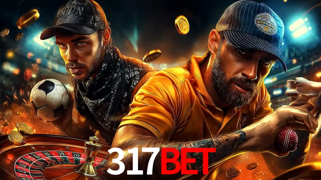 Montagem de apostas esportivas e cassino no 317bet, com um homem segurando uma bola de futebol e outro uma de beisebol sobre uma roleta e moedas voadoras.