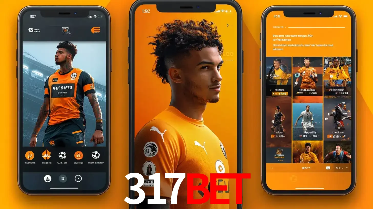 Interface do aplicativo de apostas esportivas 317bet em três telas de celular, mostrando o perfil de um jogador de futebol e a lista de jogos disponíveis para apostar.