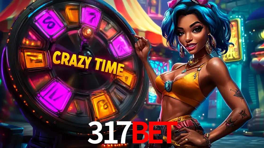 Mulher estilizada com cabelo azul e visual vibrante posando ao lado da roda de prêmios do game show Crazy Time, convidando para a diversão e os bônus do cassino 317bet.