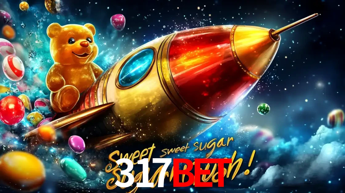 Arte promocional do jogo de slot Sugar Rush, com um urso de pelúcia em um foguete viajando pelo espaço de doces, um dos jogos divertidos disponíveis no cassino 317bet.