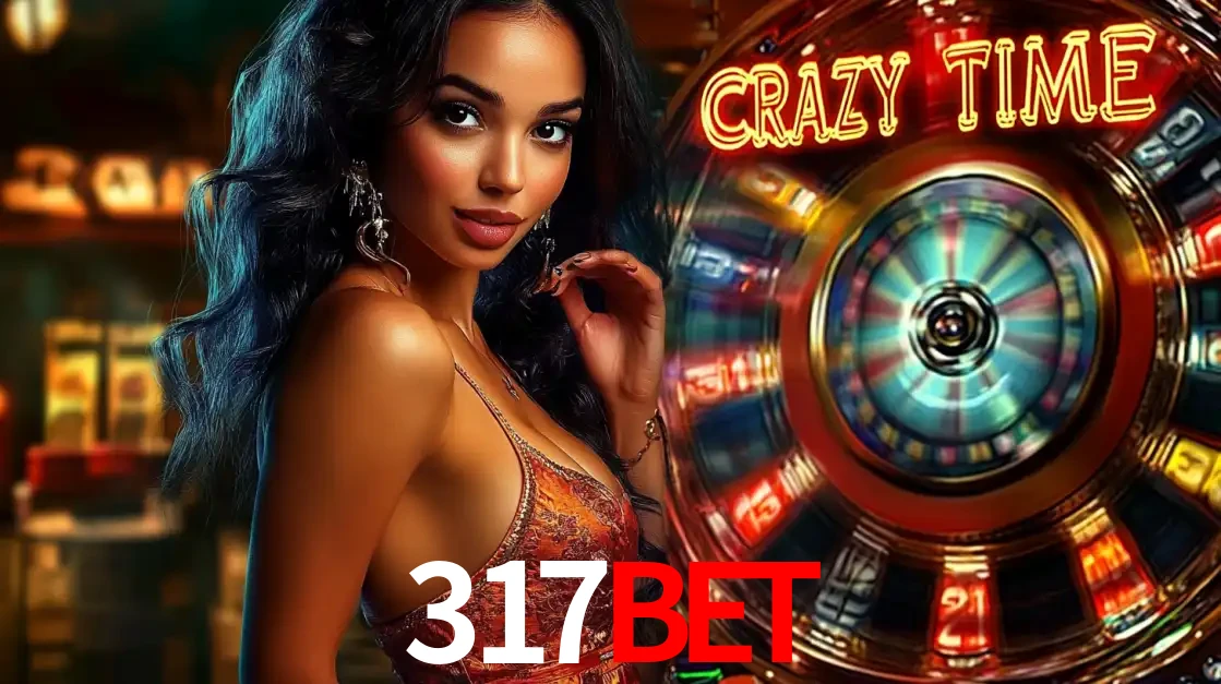 Mulher elegante ao lado da vibrante roda da fortuna do jogo de cassino ao vivo Crazy Time, um dos game shows mais populares e cheios de prêmios do 317bet.