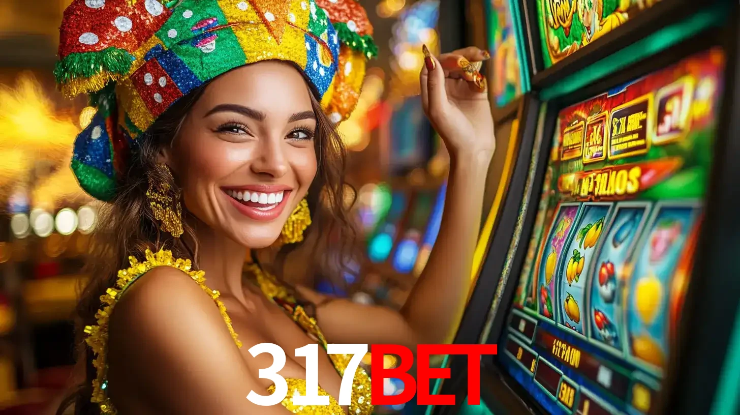 Mulher feliz com traje de carnaval amarelo e colorido ao lado de uma máquina de caça-níqueis, aproveitando a diversão e os jogos temáticos do cassino 317bet.