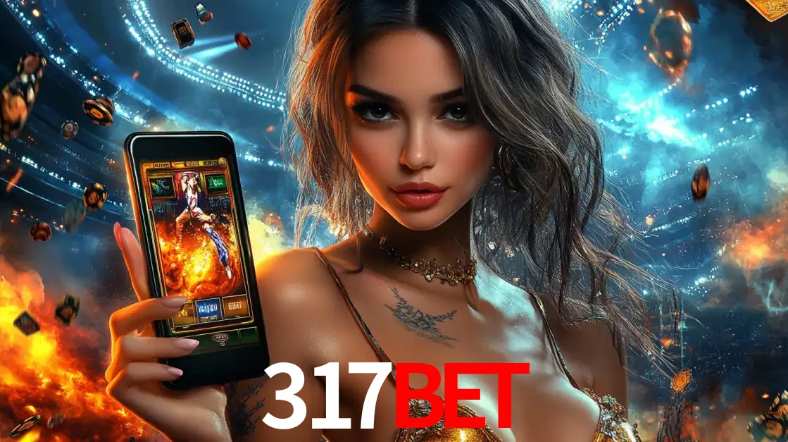 Mulher segurando um celular com um jogo de slot em destaque, tendo como fundo um estádio vibrante, simbolizando a emoção de jogar no cassino móvel 317bet.