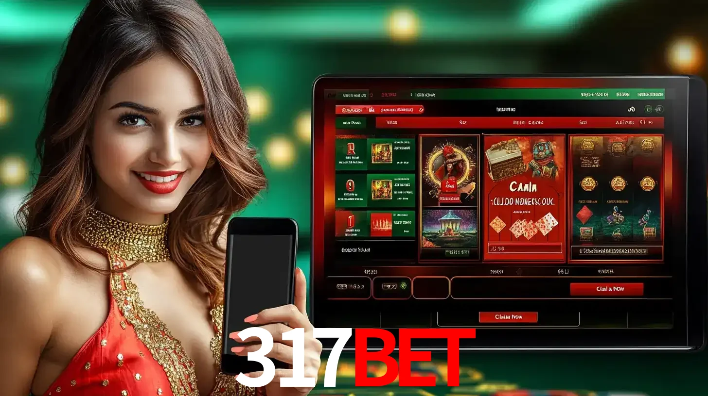 Mulher sorridente segurando um smartphone, ao lado de uma tela exibindo o lobby de jogos do cassino online 317bet, com várias opções de jogos de cartas e slots.